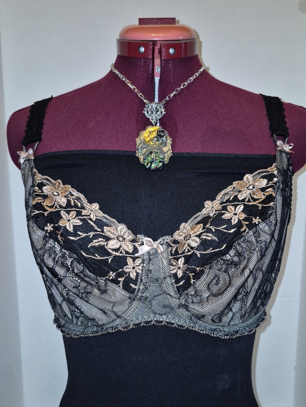 Black Lace Embroidered Underwire Bra with Champagne Accents 34F